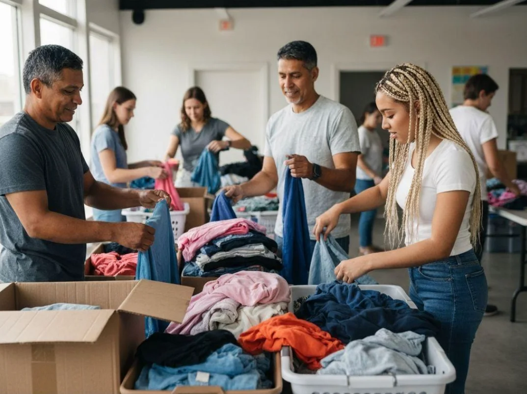 Volunteers of different ages sort donated clothing together