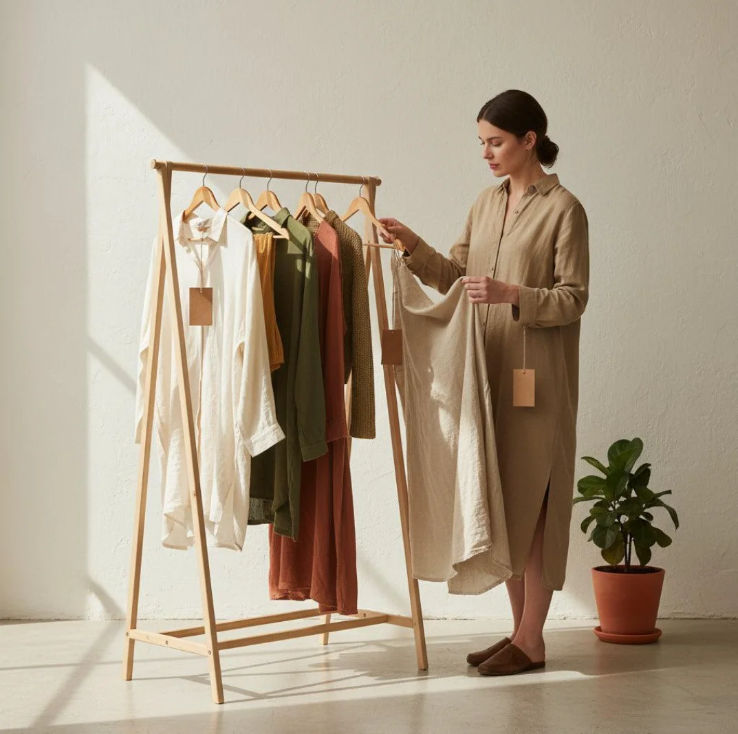 A woman browses natural-fabric garments on a wooden clothing rack