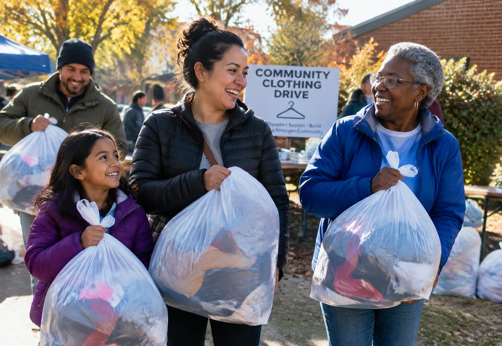 Neighbours of different ages laugh together while carrying bags of clothing at a community drive