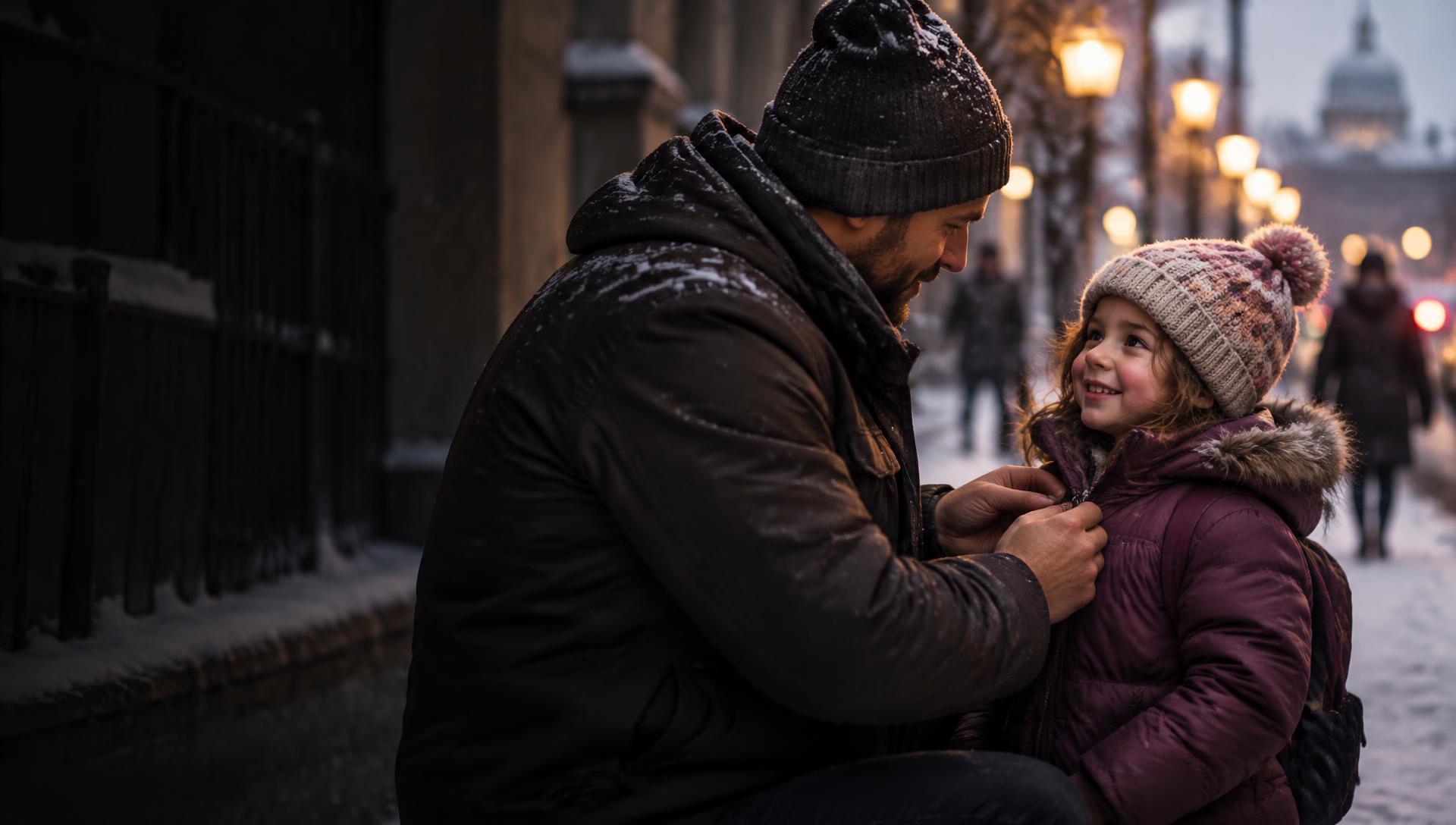 A father zips up a warm winter coat on his smiling daughter on a snowy evening street