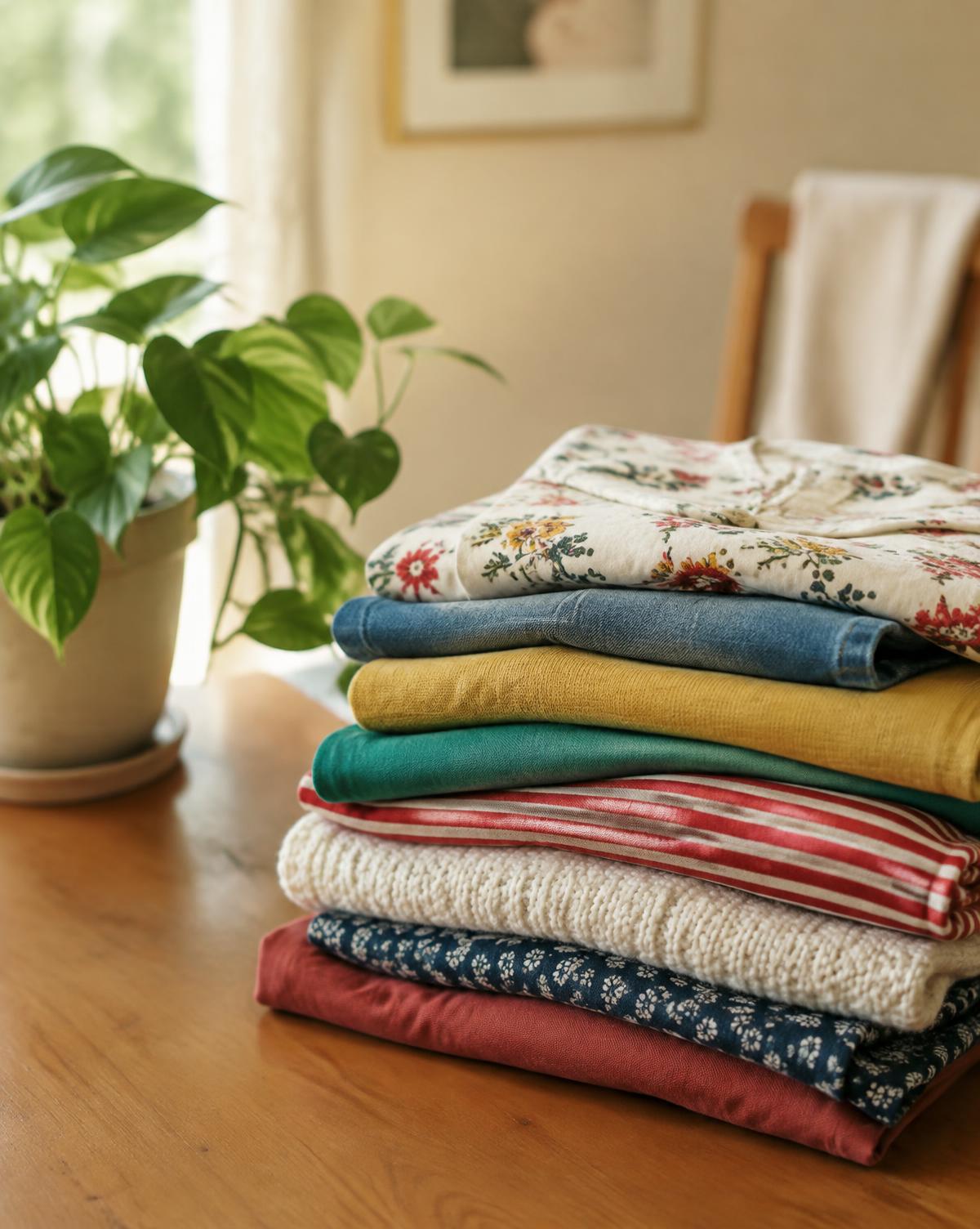 A neat stack of colourful folded second-hand clothes beside a green plant